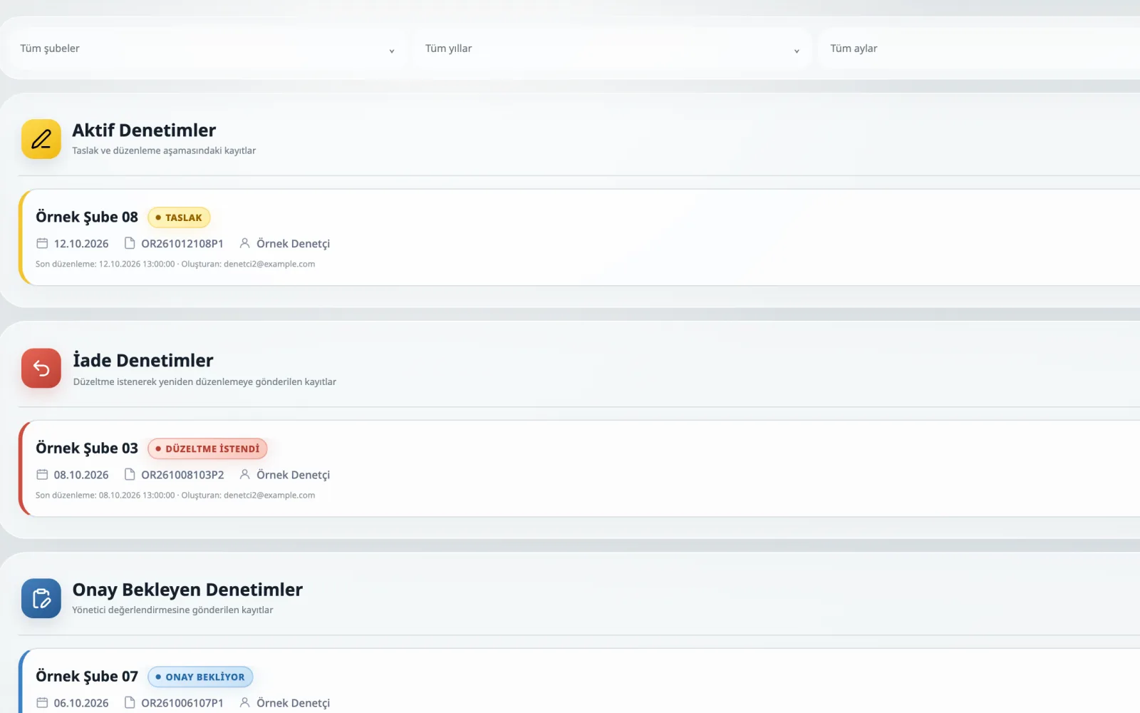 KaliteSAN audit application dashboard with active, returned and pending audits